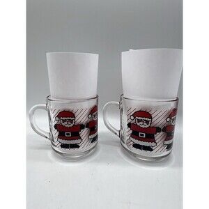 Vintage 2 Luminarc Red Stripe Santa Claus Christmas Mugs Coffee Holiday St Nick